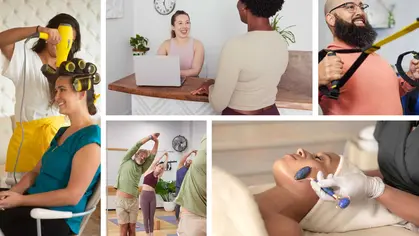 A collage showing fitness, wellness, and beauty activities